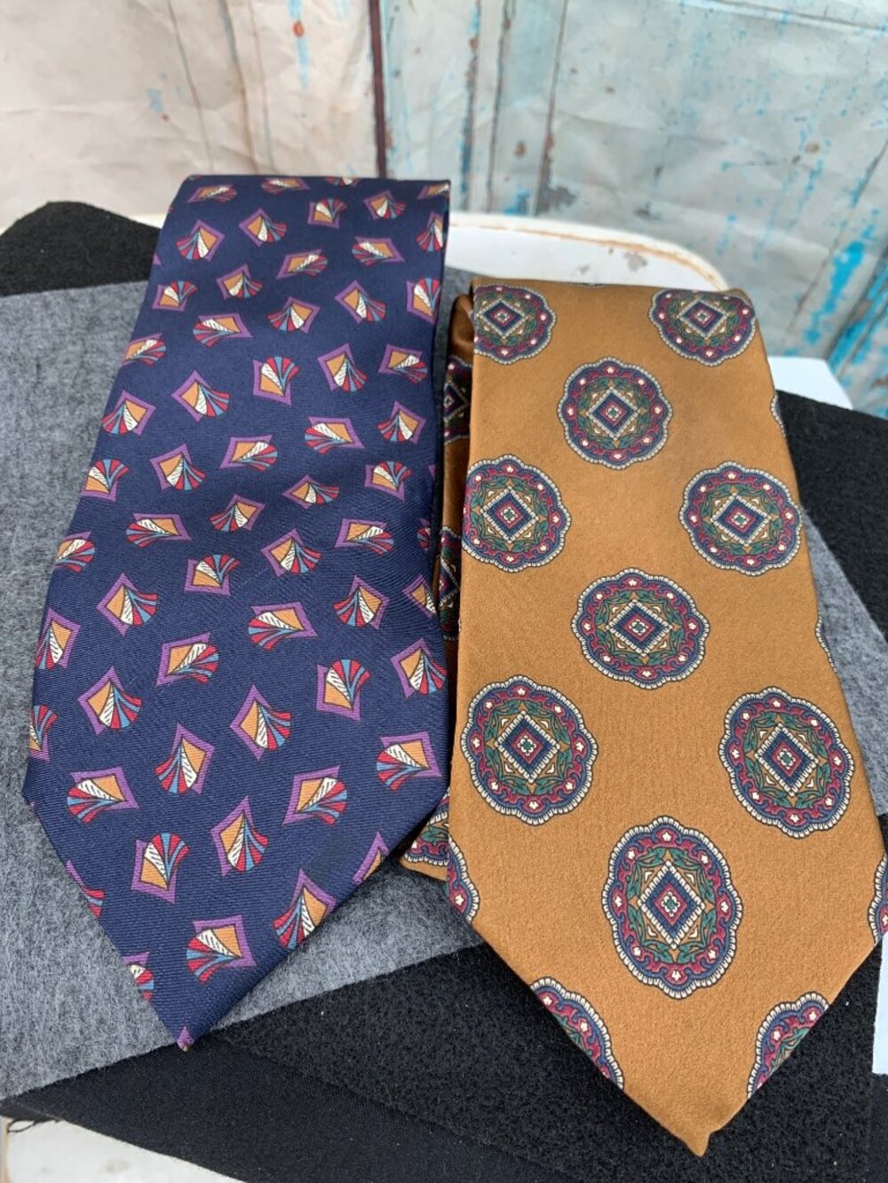 Christian Dior Monsieur Silk Ties Brown & Navy Art Deco Geometric Print Made In